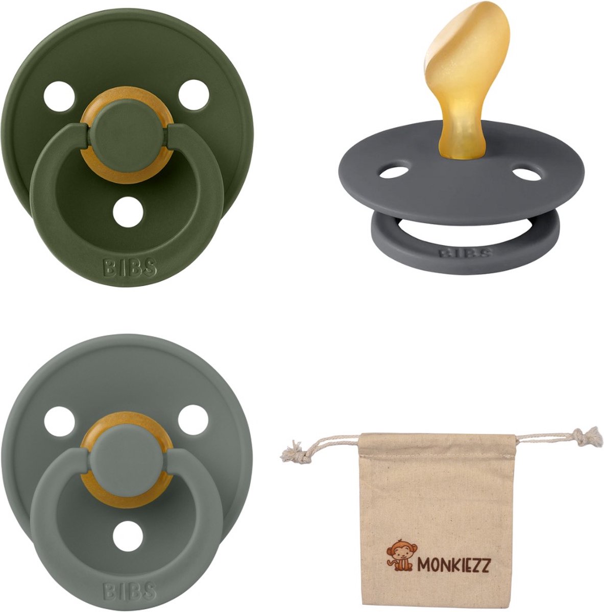 Goedkoopste Bibs Dental fopspenen Anatomical 6-18 maanden- Set 3 stuks- Hunter Green, Iron, Pine- Monkiezz speenzakje - orthodontisch- Anatomisch- Maat 2