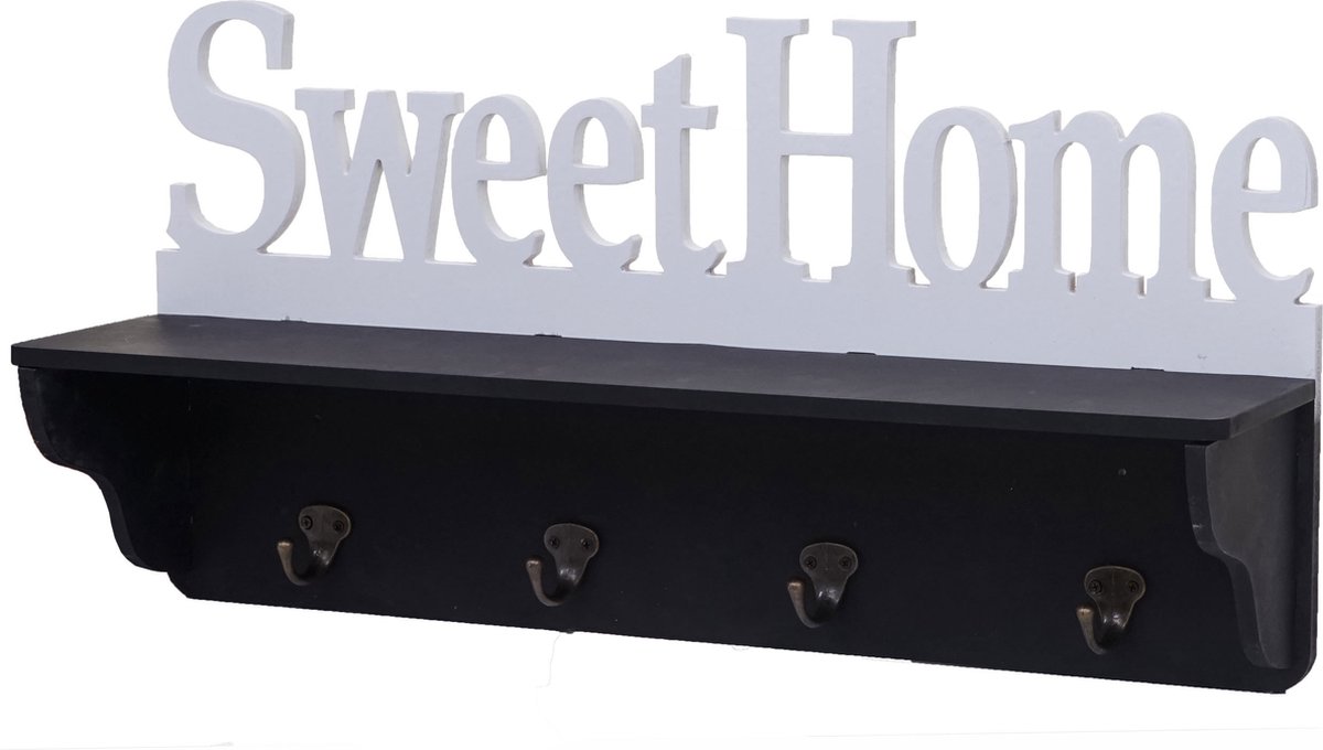 MCW Wandkapstok MCW-D41 Sweet Home, kapstok plank, 4 haken solide 30x60x13cm ~ zwart/wit