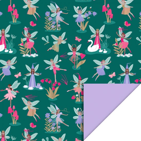 Foto: Inpakpapier cadeaupapier fairy tale jade blue lilac 70cm breed elfjes bloemen fantasie