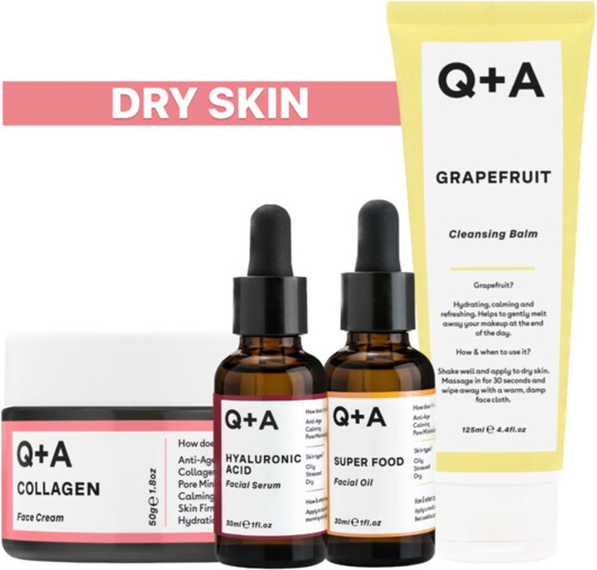 Q+A Dry Skin - Reinigingsbalsem 1x 125 ml & Gezichtsserum 1x 30 ml & Gezichtsolie 1x 30 ml & Dagcrème 1x 50 gr - Pakket