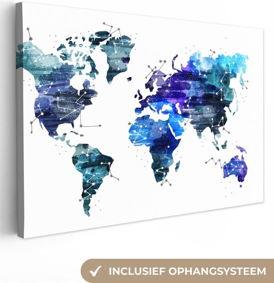 Canvas - Wereldkaart - Sterren - Blauw