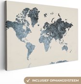 Canvas Wereldkaart - 60x40 - Wanddecoratie Wereldkaart - Zwart - Zilver
