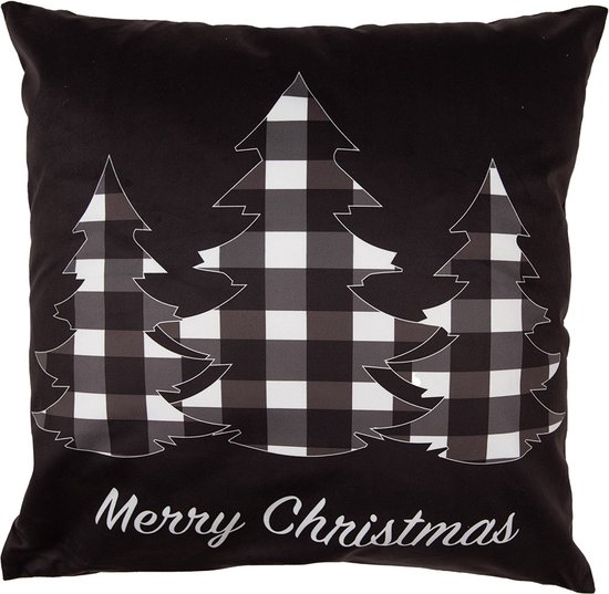 Clayre & Eef Kussenhoes 45x45 cm Zwart Wit Polyester Kerstbomen Merry Christmas Sierkussenhoes