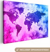Canvas Wereldkaart - 120x80 - Wanddecoratie Wereldkaart - Roze - Paars