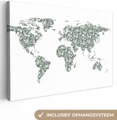Canvas Wereldkaart - 60x40 - Wanddecoratie Wereldkaart - Tropische Planten - Wit