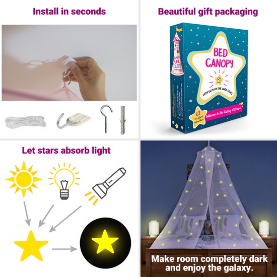 Klamboe met Glow in the Dark Sterren - Hemelbed voor Kinderkamer of Volwassenen - Sterrenhemel Sluier, Hemeltje en Bedtent - Baby Muggennet Bedhemel Decoratie — afbeelding 4