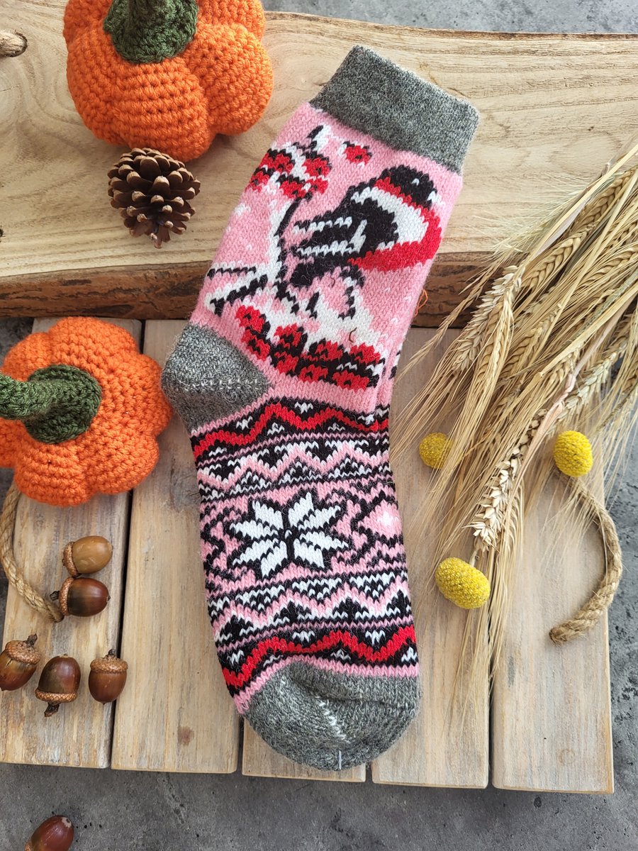 Warme 100% wol sokken Goudvinken op roze 38-40