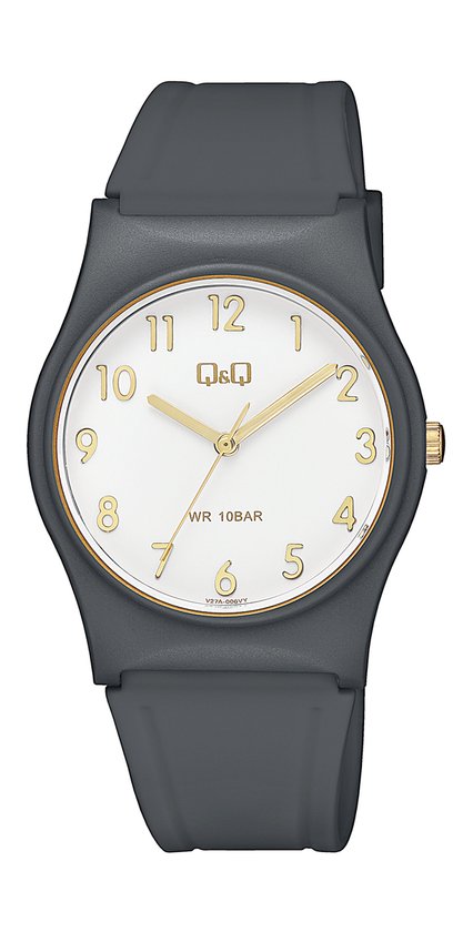 Q&Q V27A-006VY - Montre - Sport - Analogique - Unisexe - Bracelet en plastique - Rond - Plastique - Chiffres - Grijs - Wit - Couleur or - 10 ATM