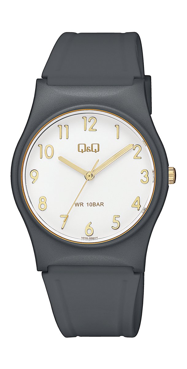 QQ V27A-006VY - Horloge - Sport - Analoog - Unisex - Plastic band - Rond - Kunststof - Cijfers - Grijs - Wit - Goudkleurig - 10 ATM