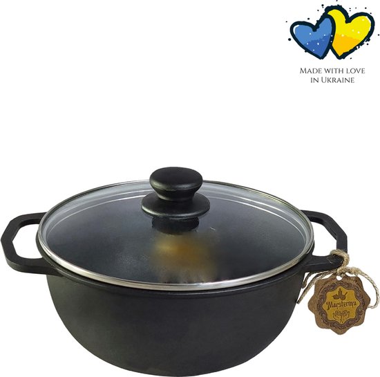 MAYSTERNYA Gietijzeren wok en stoofpan - 5 Liter - Wok pan gietijzer met glazen deksel - Outdoor cooking - Inductie, gas, open vuur en keramisch - Pannenset - Cadeau - PFAS vrij - Zwart