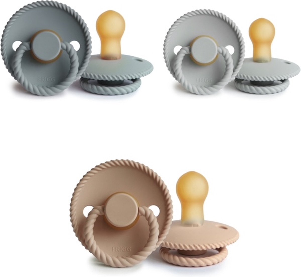 Goedkoopste FRIGG ROPE Fopspeen set 3 stuks French Gray,Silver Gray en Croissant 0-6 maand