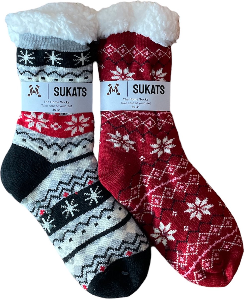 Sukats® Huissokken - Homesocks - 2 Paar - Maat 36-41 - Mix B - Dames Huissokken - Antislip Sokken - Fluffy Sokken - Slofsokken - Variant 2 - Meerdere Maten en Varianten - Verwarmde Sokken
