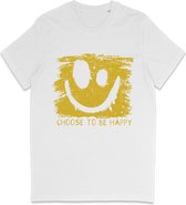T Shirt Heren en Dames (Unisex) Be Happy Smiley Gele Grunge Print Opdruk - Wit - Maat 3XL