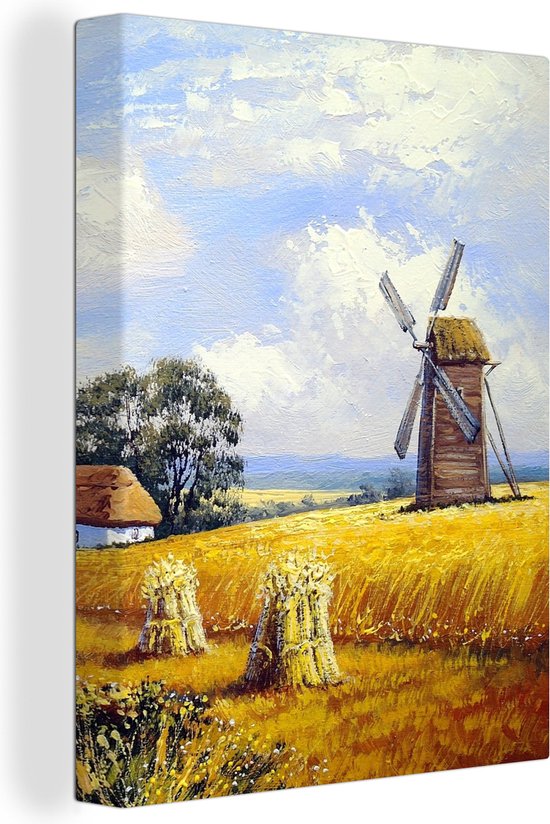 Canvas schilderij - Boerderij - Molen - Olieverf - Natuur - Canvas landelijk - 60x80 cm - Schilderijen op canvas - Canvasdoek - Muurdecoratie