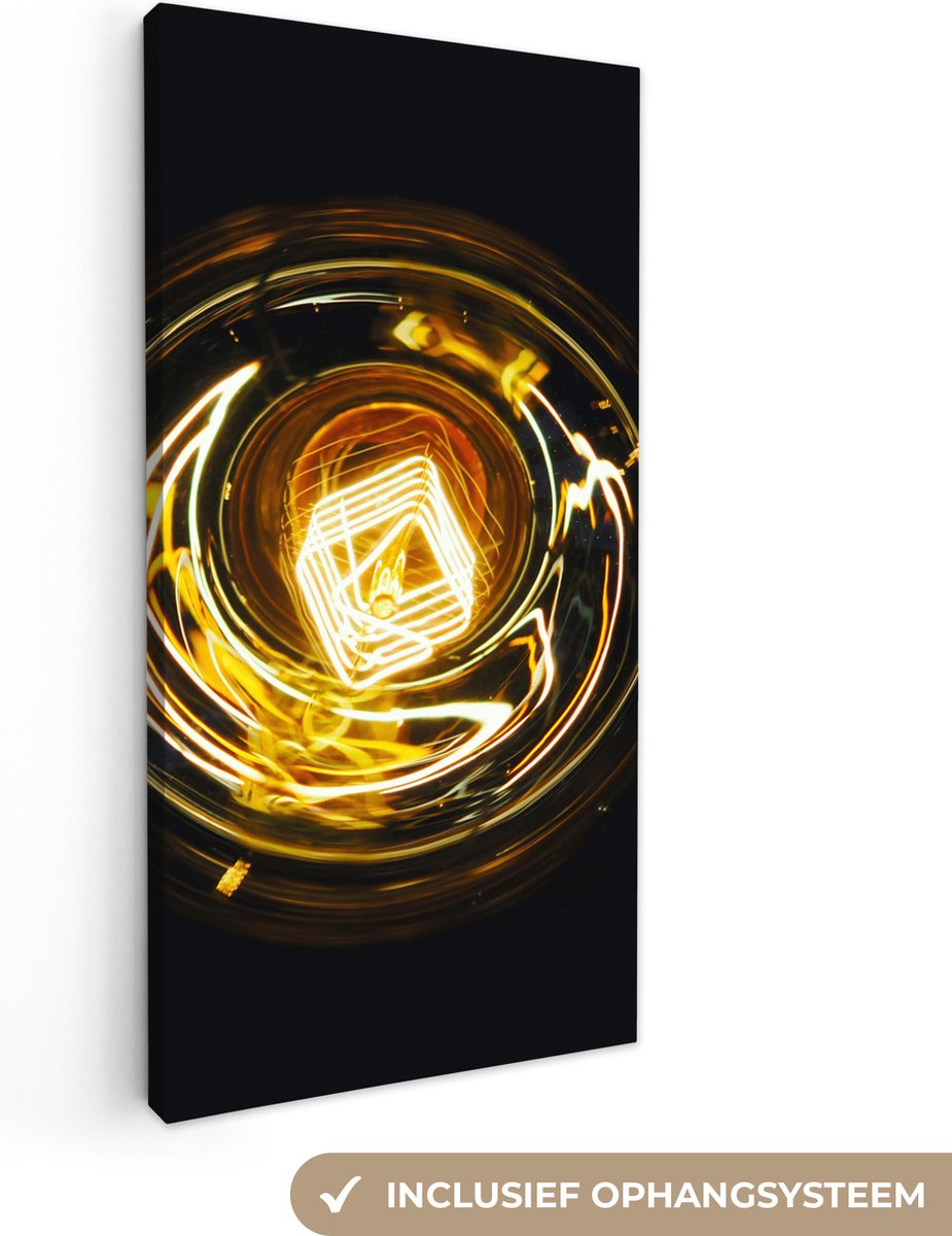 Canvas schilderij 20x40 cm - Wanddecoratie Gloeilamp - Goud - Zwart - Luxe - Muurdecoratie