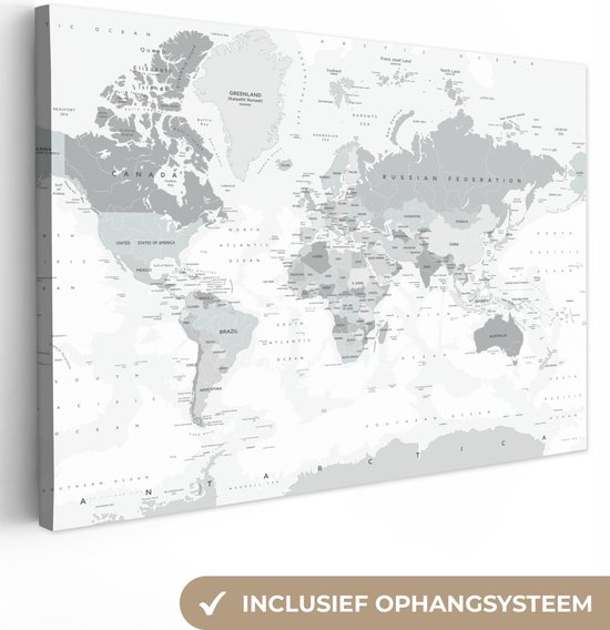 Canvas Wereldkaart - 90x60 - Wanddecoratie Wereldkaart - Wit - Grijs - Aarde