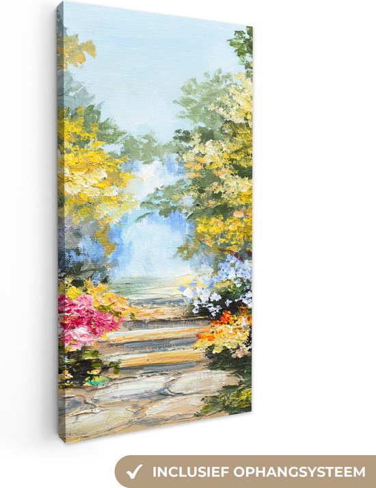 Peinture sur toile - Fleurs - Chemin - Arbres - Peinture à l'huile - Art - Peintures sur toile - Toile - 40x80 cm - Chambre - Décoration murale