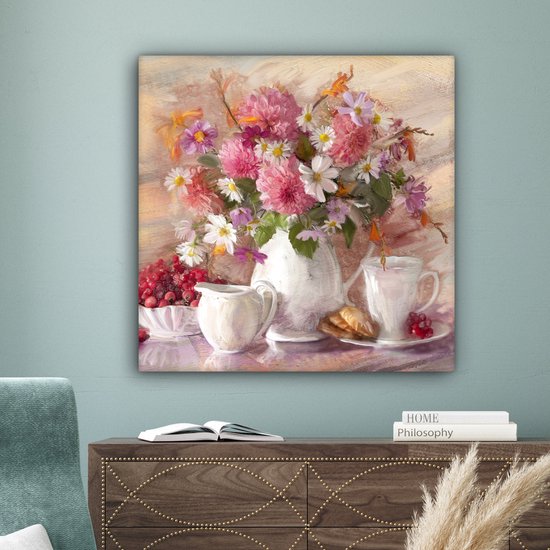Toile - Peinture - Fleurs - Vase - Huile - 90x90 cm - Décoration murale