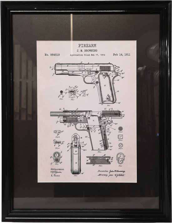 Cobra Vintage Colt 1911 Firearm Canvas Schilderij Mancave kader 30x40cm zwart - Poster - Fotlijst