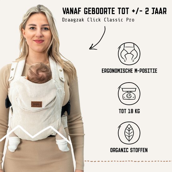 ByKay Click Classic - draagzak baby - ergonomisch - tot 18kg - newborn tot 2 jaar - comfortabel en snel - beige - Rib Almond Sand