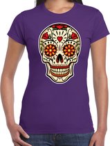 Bellatio Decorations Sugar Skull t-shirt dames - paars - Day of the Dead - punk/rock/tattoo thema XXL