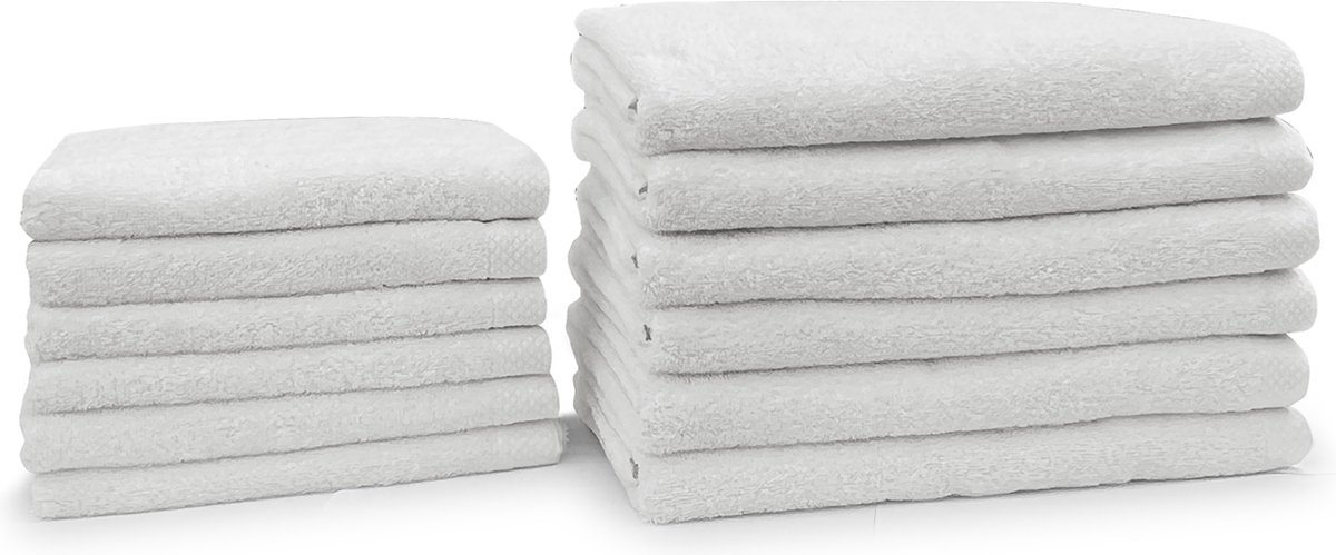Eleganzzz Handdoeken Set - Set van 12 - 6x Handdoek 50x100cm - 6x Badhanddoek 70x140cm - Badlakens - Handdoeken - 420 gr/m2 - 100% Katoen - white