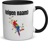 Akyol - papegaai op een tak met eigen naam koffiemok - theemok - zwart - Papegaai - papegaai liefhebbers - mok met eigen naam - iemand die houdt van papegaaien - verjaardag - cadeau - kado - 350 ML inhoud