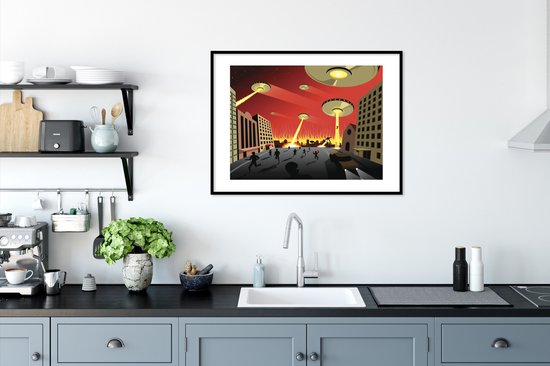 Image encadrée - Une illustration d'OVNIS attaquant un cadre photo de ville noir avec passe-partout blanc 80x60 cm - Affiche encadrée (Décoration murale salon / chambre)