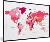 Fotolijst incl. Poster - Wereldkaart - Topografie - Roze - 90x60 cm - Posterlijst