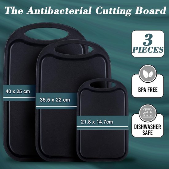 NEOFLAM® Snijplank van kunststof, groot, medium, klein, snijplanken, vaatwasmachinebestendig, 3-delige snijplankenset, BPA-vrij, snijplank met handvat en sapgoot, antibacterieel met microban, grijs