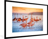 Poster - Fotolijst - Flamingo - Zonsondergang - Vogel - Tropisch - Kader - 90x60 cm - Poster frame - Poster flamingo - Poster dieren - Foto in lijst - Kamer decoratie