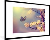 Affiche sous cadre - Cadre photo - Papillons - Fleurs - Branches fleuries - Nature - Soleil - Poster animaux - 90x60 cm - Cadre pour affiche - Affiche - Décoration murale - Décoration de chambre