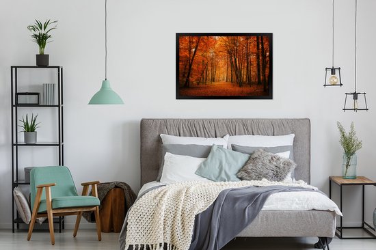 Image encadrée - Forêt d'automne de conte de fées avec cadre photo couleurs rouges noir sans passe-partout 90x60 cm - Affiche encadrée (Décoration murale salon / chambre)