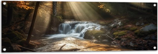 Tuinposter – Bossen - Waterval - Water - Bomen - Stenen - 120x40 cm Foto op Tuinposter (wanddecoratie voor buiten en binnen)