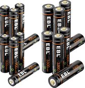 EBL 16-Pack Oplaadbare Batterijen AA & AAA- Rechargeable 3300/ 900 mWH AA/ AAA Batterij met 4x 2in1 Oplaadkabel - Lithium Micro USB Batterijen - Duurzaam