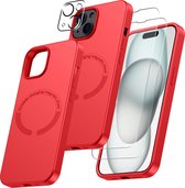 Hoesje Geschikt voor iPhone 15 Plus Silicone backcover met Magnetisch Ring incl 2x gehard glazen screenprotector & 1x cameraLens protector – Rood