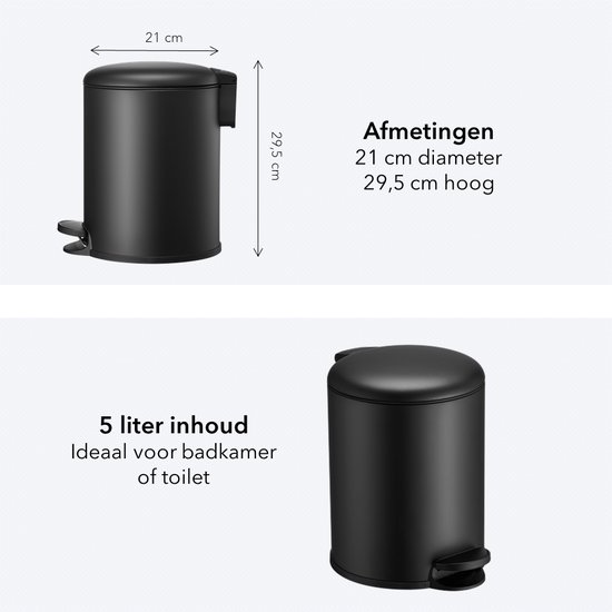 HÜSQ Slimbin Prullenbak 5 Liter - Soft-close Pedaalemmer - kleine Vuilnisbak voor Toilet, Badkamer, Keuken of Kantoor - Afvalbakje - mat zwarte Vuilbak