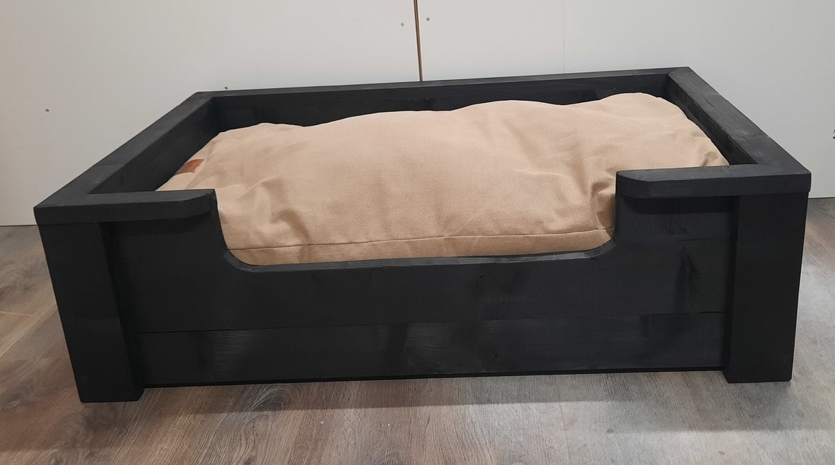 Houten hondenmand Vito van zwart steigerhout inclusief beige kussen 110x80x30cm