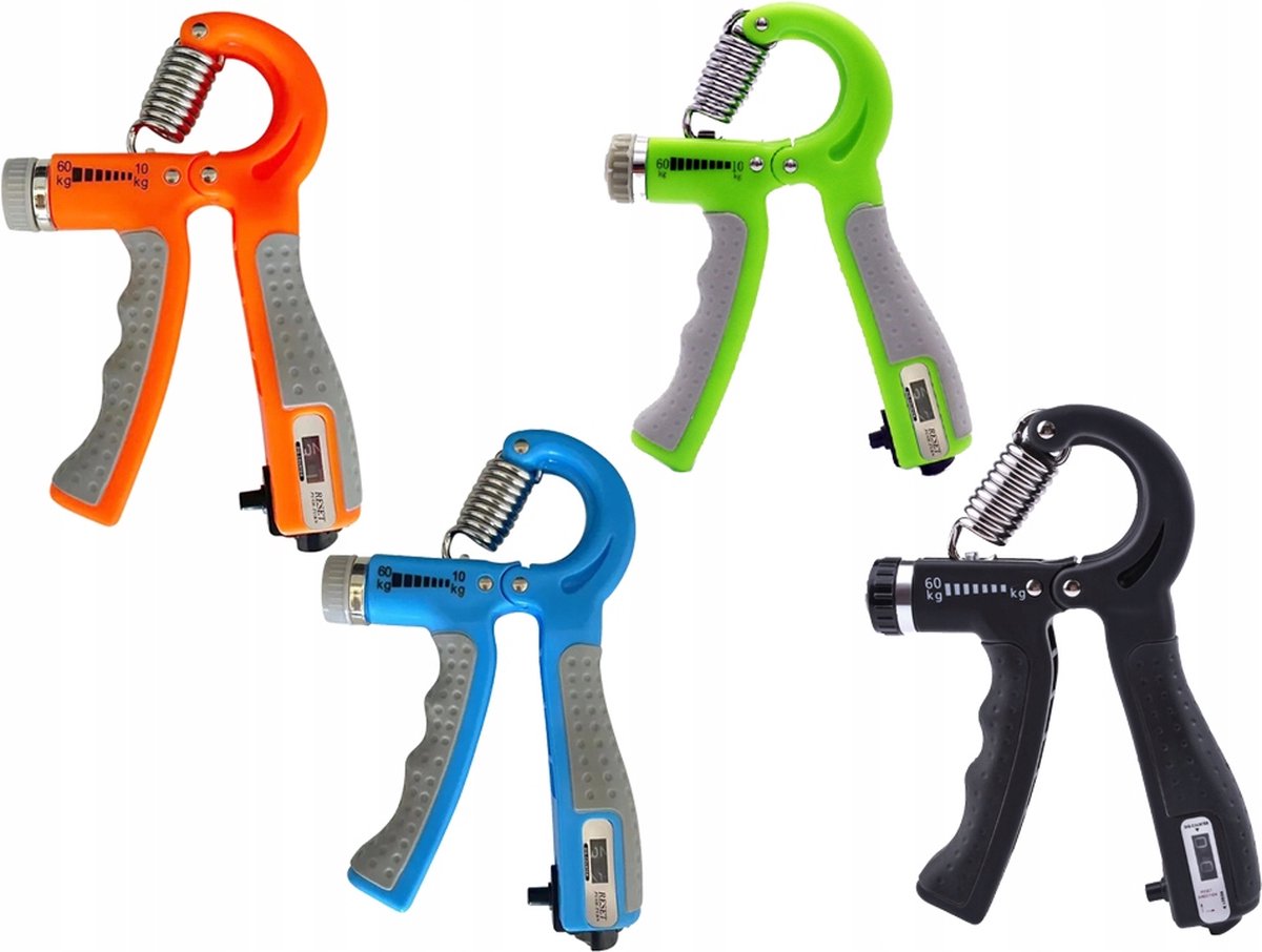 Handtrainingsknijper met teller van 10-60 kg Vinger - Hand spier - Fitness - Zwart - Groen - Oranje - Blau