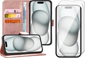Hoesje geschikt voor iPhone 15 - 2x Screen Protector GlassGuard - Book Case Leer Pasjeshouder Rosegoud & Screenprotector