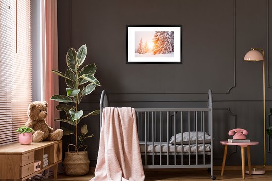Cadre photo avec affiche - Soleil - Arbres - Neige - 60x40 cm - Cadre pour affiche - Décorations de Noël - Décoration de Noël pour l'intérieur - Noël
