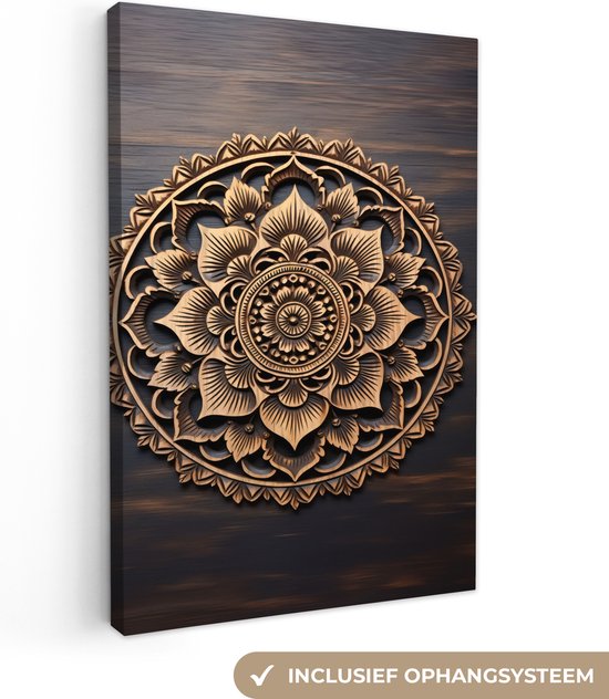 Canvas Schilderij Mandala - Hout - Bloemen - Bruin - 60x90 cm - Wanddecoratie