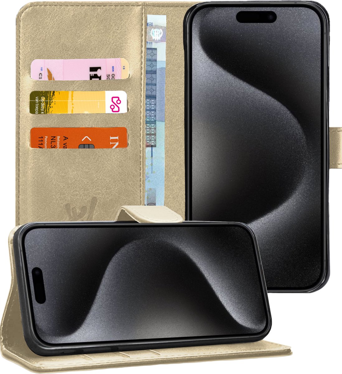 Hoesje geschikt voor iPhone 15 Pro Max - Book Case Kunstleer Pasjeshouder Goud