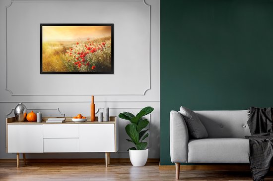 Cadre photo avec affiche - Rayons de soleil sur une forêt de coquelicots - 90x60 cm - Cadre pour affiche