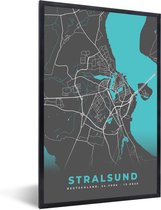 Fotolijst incl. Poster - Stadskaart – Plattegrond – Duitsland – Blauw – Stralsund– Kaart - 60x90 cm - Posterlijst