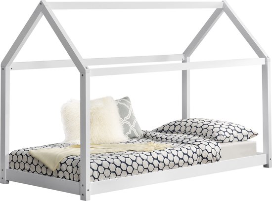 Kinderbed Nino - Houten bed - Huisbed - 70x140 cm - Wit - Voor meisjes - Voor jongens - Voor kinderen