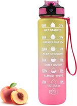 Bol.com Flow Goods Motivatie Waterfles - Geel/Roze – Drinkfles met Rietje – Waterfles 1 Liter – Waterfles met Tijdmarkeringen aanbieding