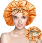 Dubbelzijdige Satijnen Slaapmuts met Verstelbare hoofdband met Lange Lussen - Bonnet van Satijn - Haarnetje - Goud/Oranje