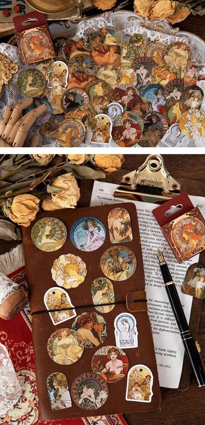 Verzameling ronde Art Nouveau stickers met afbeeldingen van vrouwen, bloemen en decoratieve elementen.