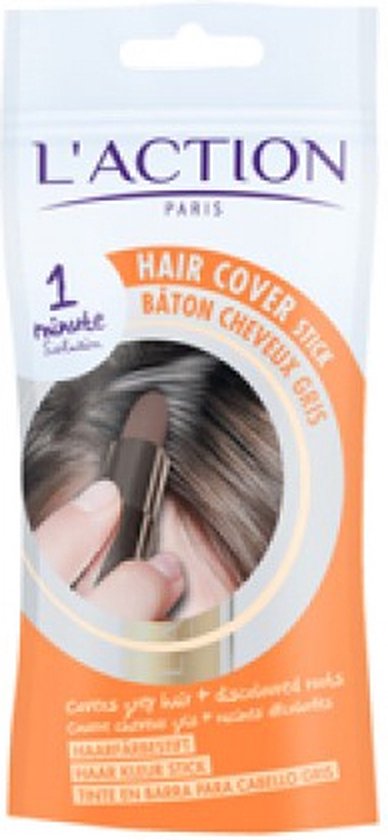 Verpakking L'Action Hair Cover Stick, grijs haar, bruine stick, 1 minuut applicatie.